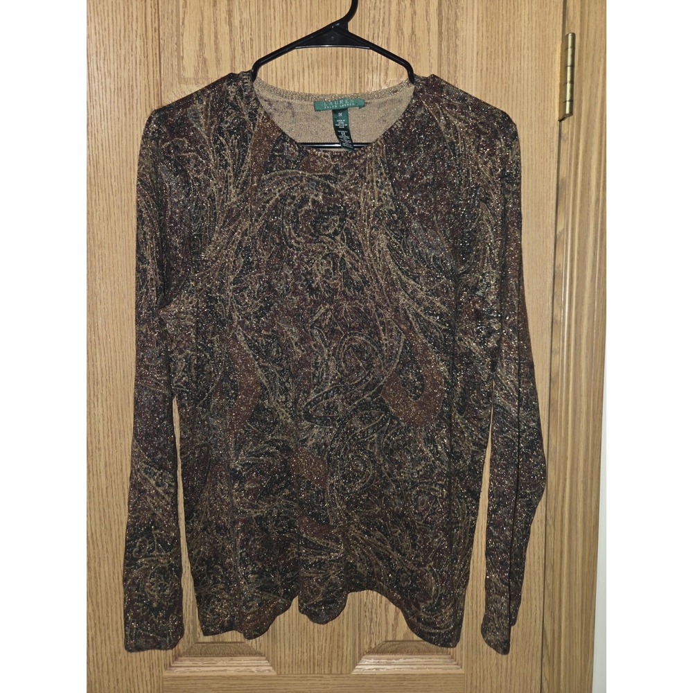 Lauren Ralph Lauren Sweater Womens 1X Brown Silk Cashmere Paisley Cottagecore